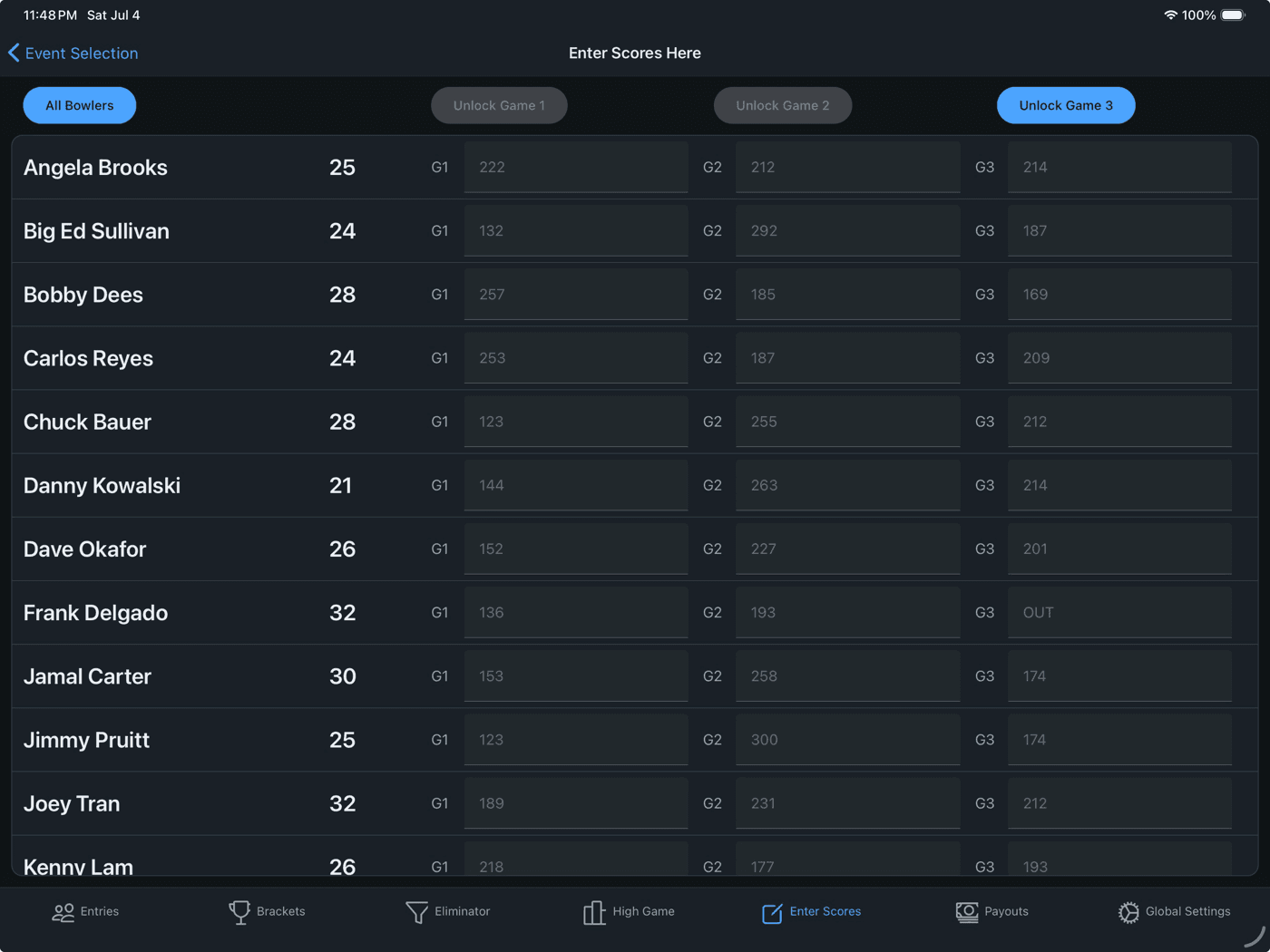 Score entry grid with per-game locks